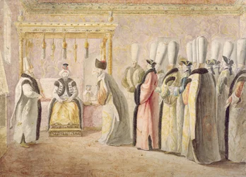 Afskedspublikum af den franske ambassadør Charles Gravier (1717-87), Comte de Vergennes, med sultanen Mustafa III (1717-74) i Konstantinopel den 17. december 1768